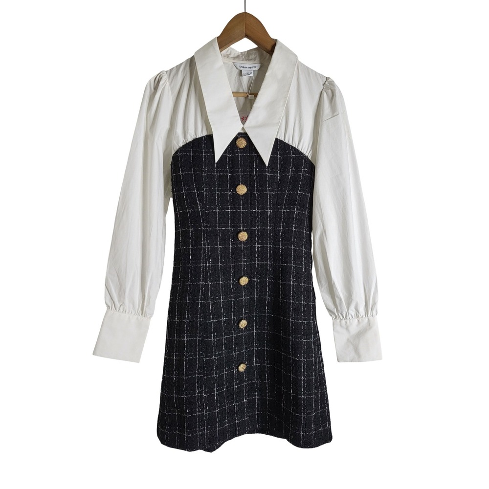 Urban Revivo Women Black White Tweed Mix Mini Dress Gold Button Shirt Top Sz 4